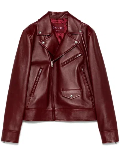 Gucci Leather Biker Jacket In Burgundy
