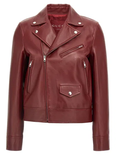 Gucci Leather Biker Jacket Casual Jackets And Parka Brown In Burgundy