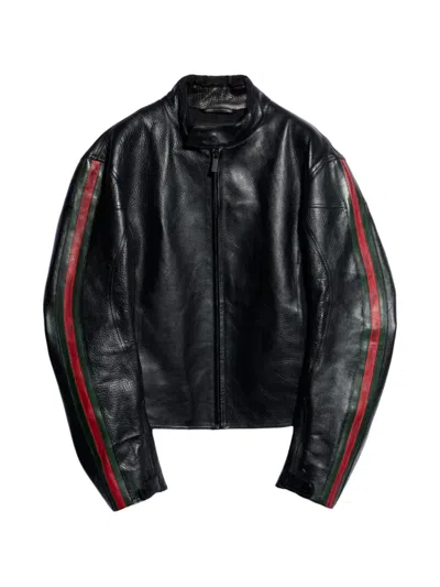 Gucci Leather Biker Jacket With Web In Black