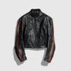 Gucci Web Stripe Leather Biker Jacket In Black