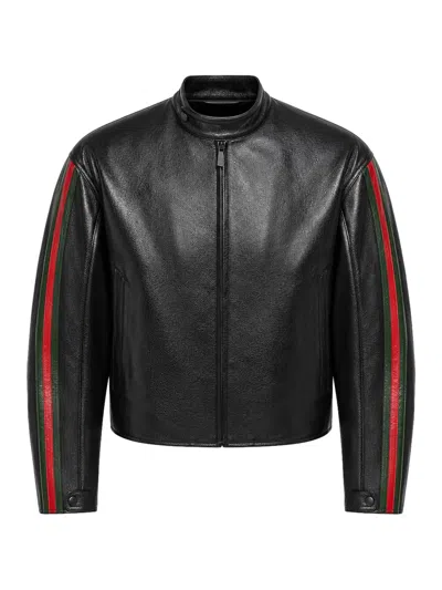 Gucci Leather Biker Jacket With Web Detail In Black