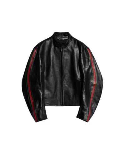 Gucci Leather Biker Jacket With Web Detail In Black