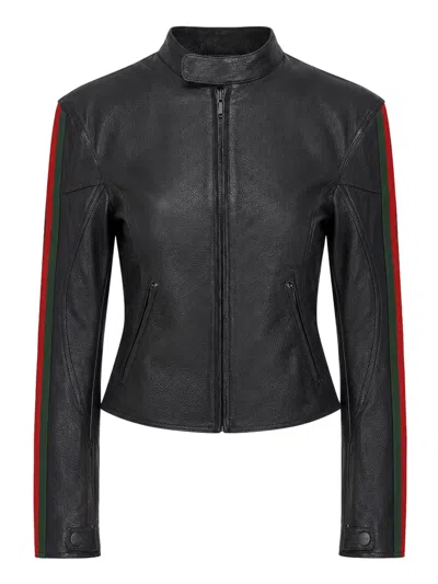 Gucci Leather Biker Jacket With Web Stripe In Black
