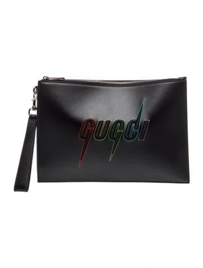 Pre-owned Gucci Leather Blade Embroidered Wristlet In Black