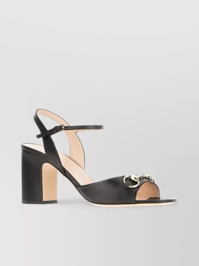 Gucci Leather Block Heel Sandals With Decorative Hardware In Black