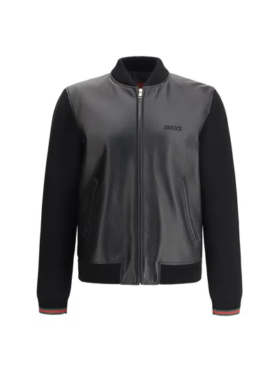 Gucci Black Bomber Jacket With Front Logo In Nappa Leather And Mesh Man In Animal Print