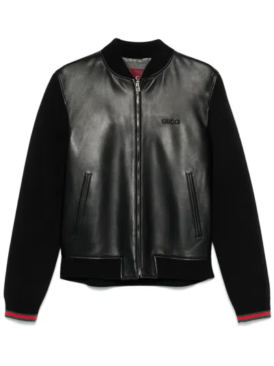 Gucci Black Bomber Jacket With Front Logo In Nappa Leather And Mesh Man In Animal Print