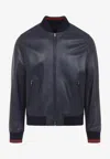 Gucci Men Midnight Blue Leather Bomber Jacket In Blue
