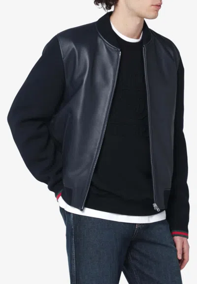 Gucci Leather Bomber Jacket In Blue