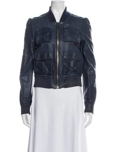 Pre-owned Gucci Leather Bomber Jacket In Blue