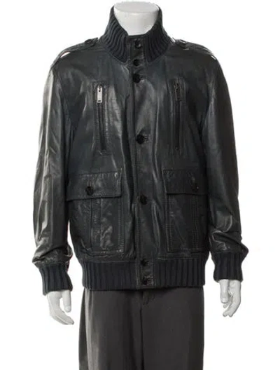 Pre-owned Gucci Leather Bomber Jacket In Blue