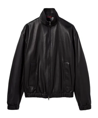 Gucci Leather Bomber Jacket With Logo In Black