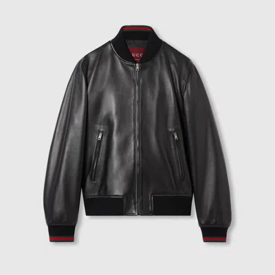 Gucci Leather Bomber Jacket With Web In Black