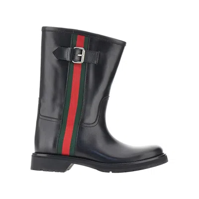 Gucci Leather Boots With Web Intarsia In Black