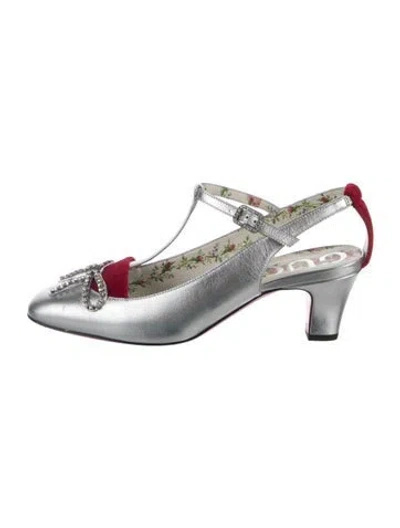 Pre-owned Gucci Leather Bow Accents T-strap Pumps In Silver