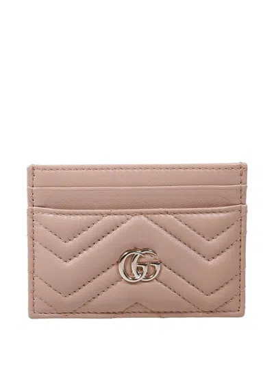 Gucci Leather Card Holder With Chevron And Logo In Pink