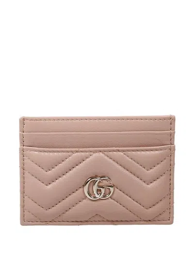 Gucci Leather Card Holder With Chevron And Logo In Nude
