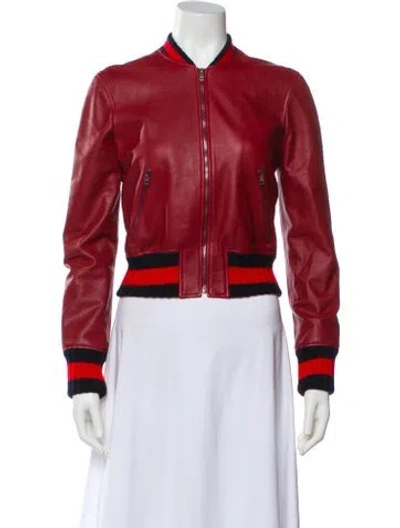 Pre-owned Gucci Leather Colorblock Pattern Bomber Jacket In Red