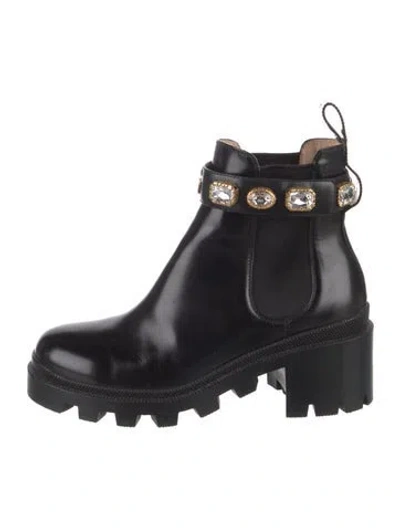 Pre-owned Gucci Leather Crystal Embellishments Chelsea Boots In Black