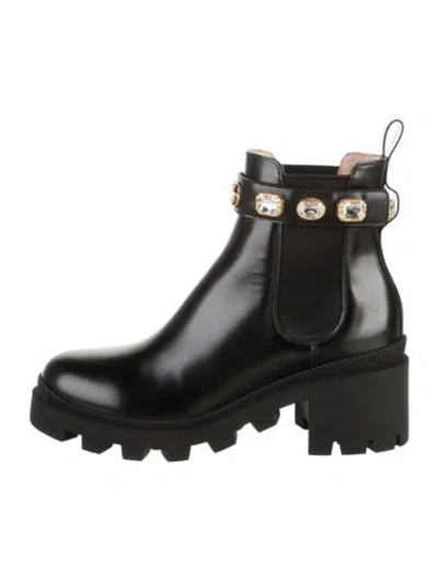 Pre-owned Gucci Leather Crystal Embellishments Chelsea Boots W/ Tags In Black