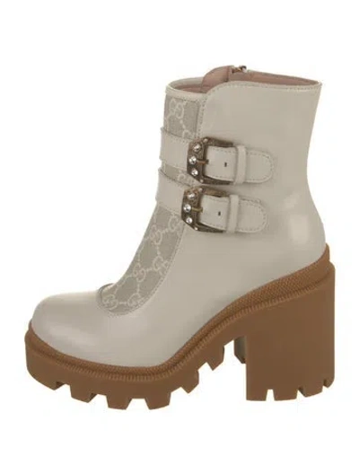 Pre-owned Gucci Leather Crystal Embellishments Combat Boots In White