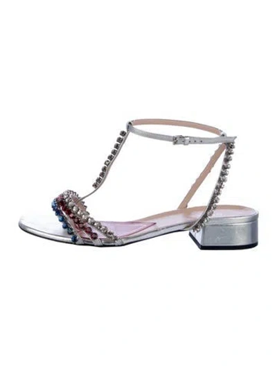 Pre-owned Gucci Leather Crystal Embellishments Flats In Silver