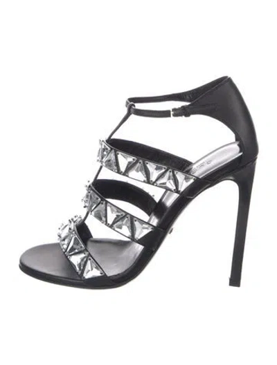 Pre-owned Gucci Leather Crystal Embellishments Gladiator Sandals In Black