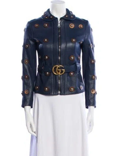 Pre-owned Gucci Leather Denim Jacket In Blue