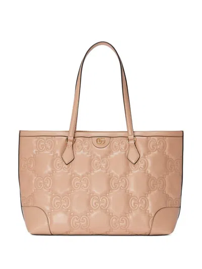 Gucci Leather Embossed Tote In Nude