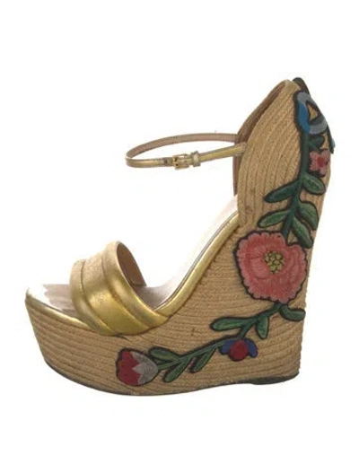 Pre-owned Gucci Leather Embroidered Accent Espadrilles In Gold/metallic