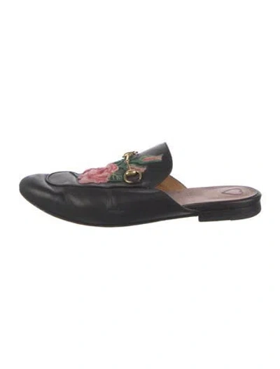 Pre-owned Gucci Leather Embroidered Accent Mules In Black