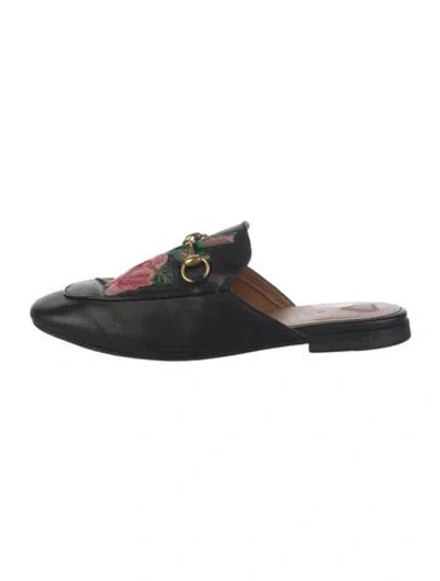 Pre-owned Gucci Leather Embroidered Accent Mules In Black