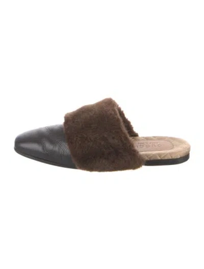 Pre-owned Gucci Leather Faux Fur Trim Slippers In Black