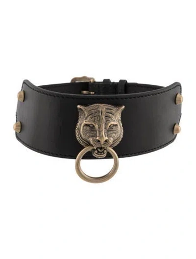 Pre-owned Gucci Leather Feline Head Choker Necklace, 15.5" In Black