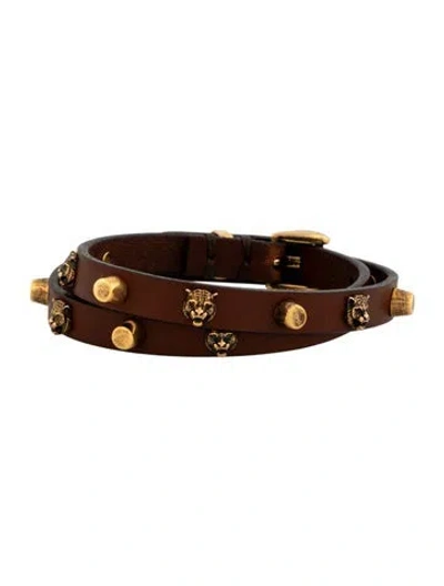 Pre-owned Gucci Leather Feline Head Studded Choker Necklace, 8" In Brown
