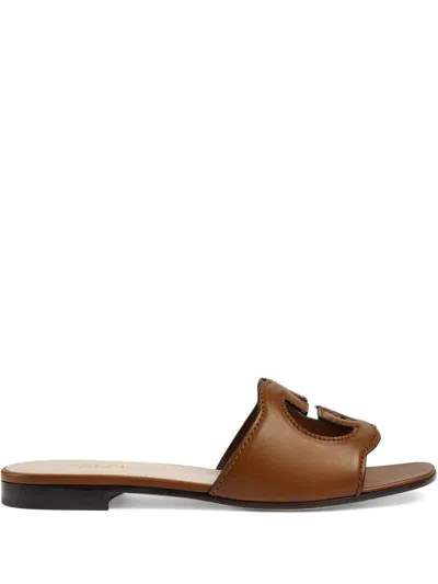 Gucci Interlocking G Cutout Leather Sandal In Brown