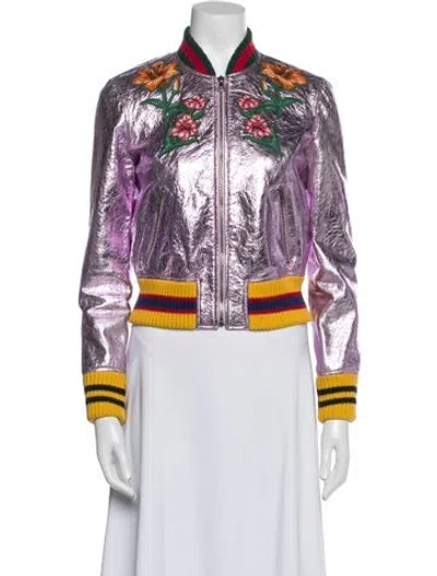 Pre-owned Gucci Leather Floral Print Bomber Jacket