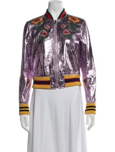 Pre-owned Gucci Leather Floral Print Bomber Jacket In Metallic/purple