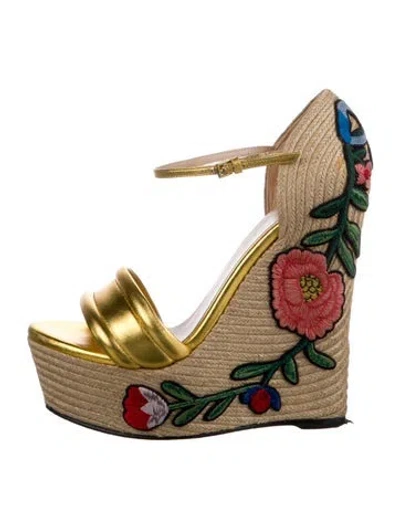 Pre-owned Gucci Leather Floral Print Espadrilles In Gold