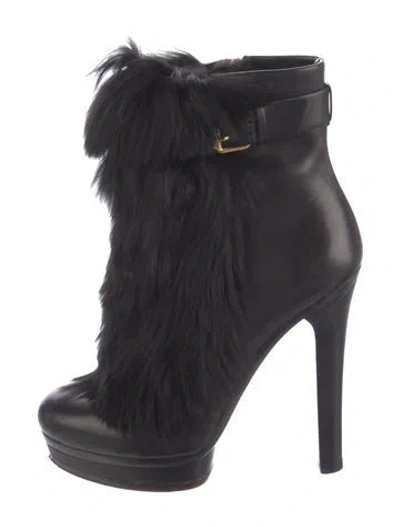 Pre-owned Gucci Leather Fur Trim Boots In Black/blue