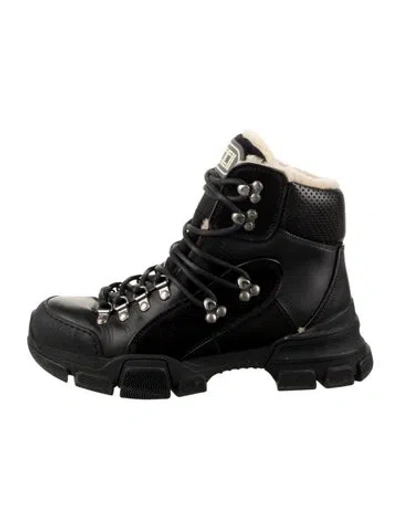 Pre-owned Gucci Leather Fur Trim Hiking Boots In Black