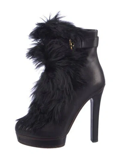 Pre-owned Gucci Leather Fur Trim Lace-up Boots In Black