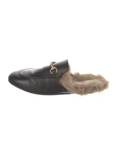 Pre-owned Gucci Leather Fur Trim Mules In Black
