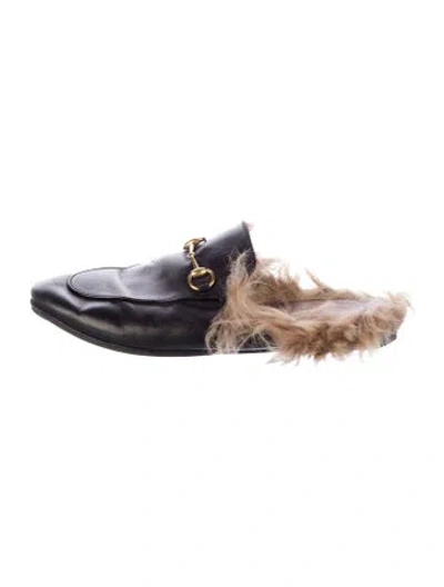 Pre-owned Gucci Leather Fur Trim Mules In Black