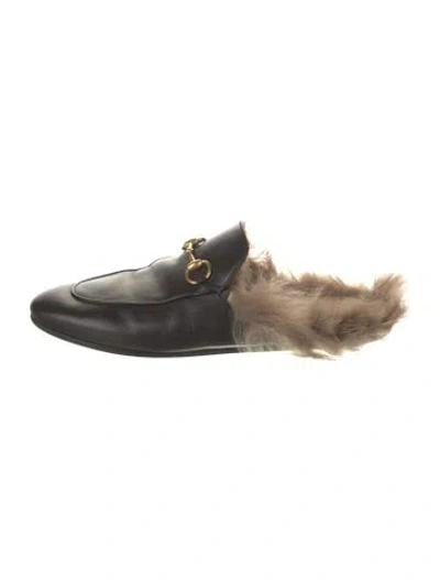Pre-owned Gucci Leather Fur Trim Mules In Black