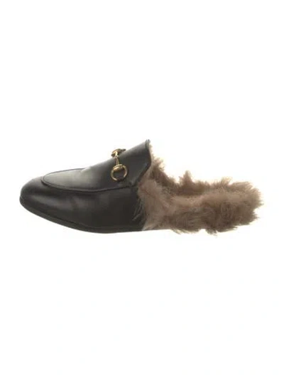 Pre-owned Gucci Leather Fur Trim Mules In Black