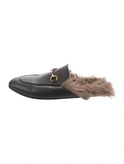 Pre-owned Gucci Leather Fur Trim Mules In Black