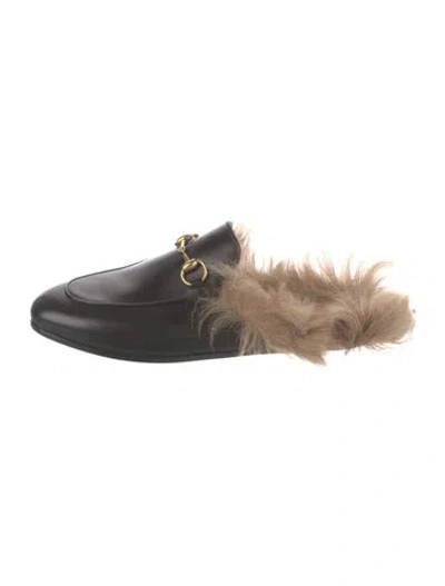 Pre-owned Gucci Leather Fur Trim Mules In Black