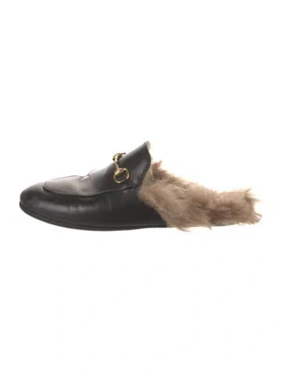 Pre-owned Gucci Leather Fur Trim Mules In Black