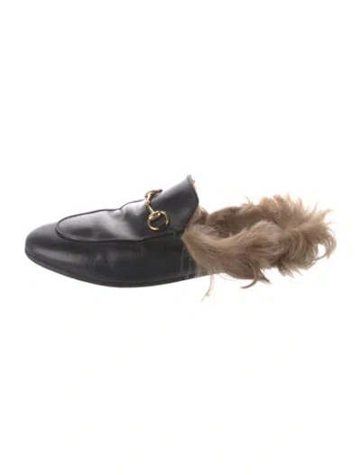 Pre-owned Gucci Leather Fur Trim Mules In Black